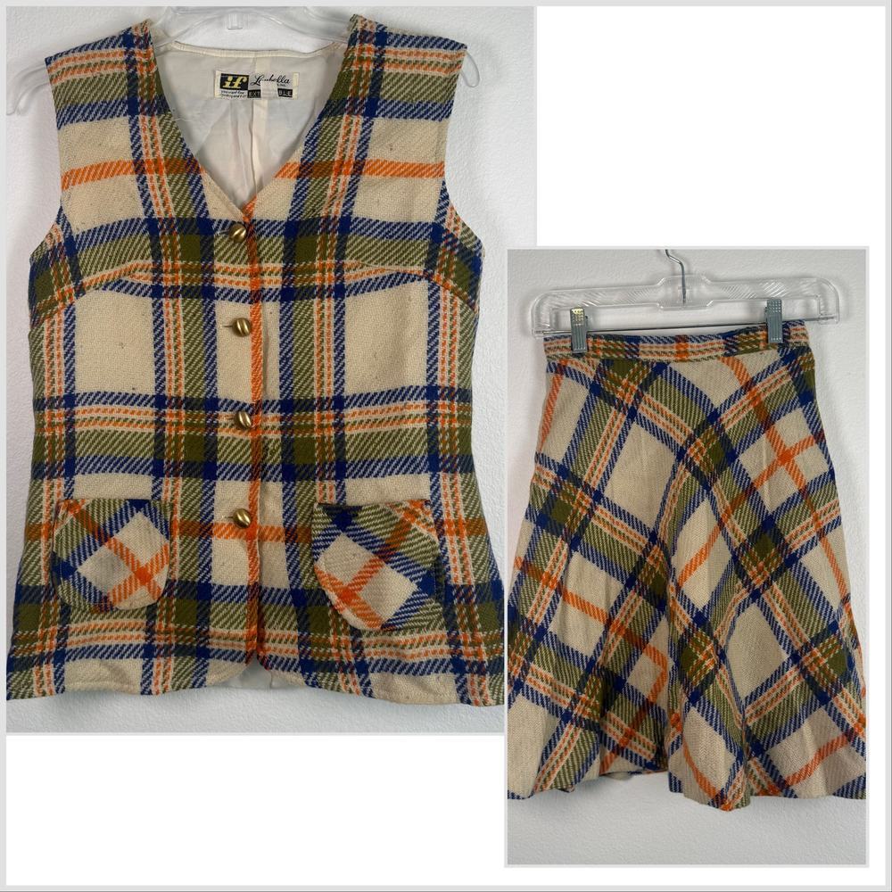 Vintage Loubella 19760s 1970s Vest Skirt Set Wool Plaid Golden Buttons XS Orange